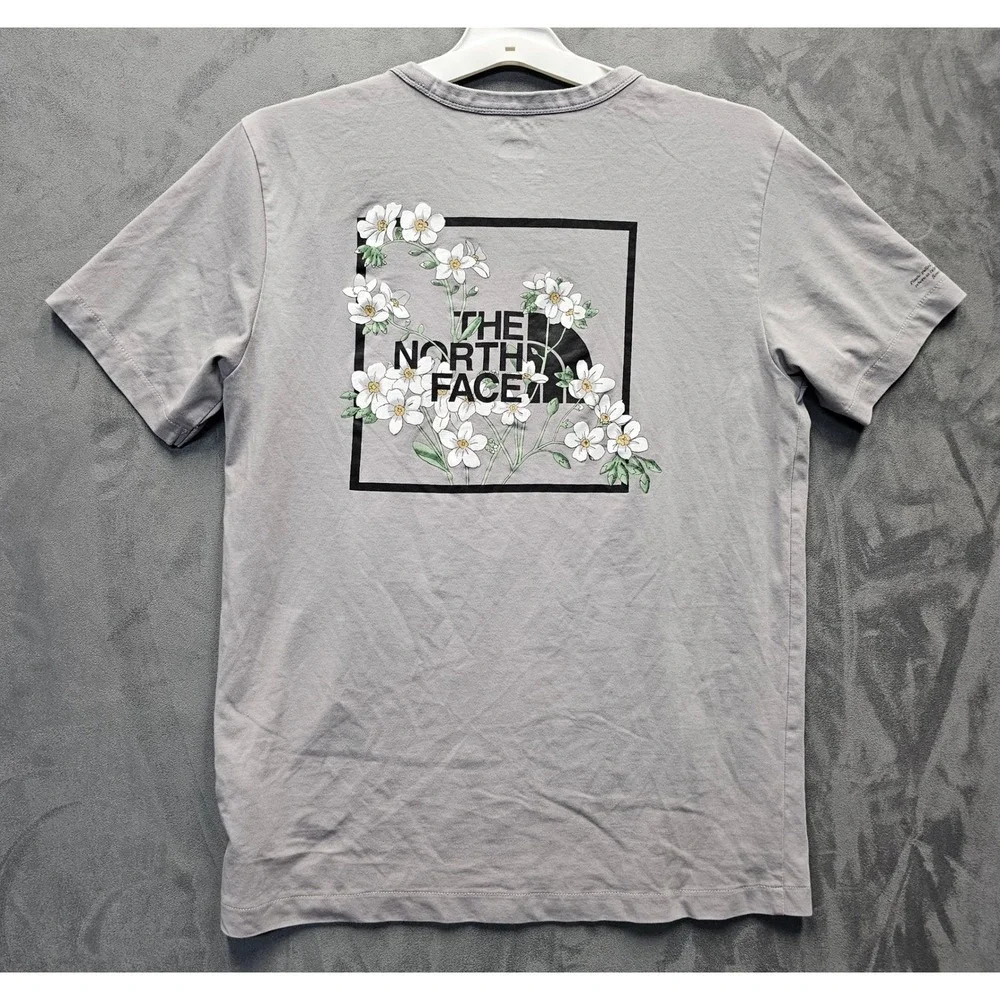 The North Face Mens Gray Floral Graphic Box Logo T-Shirt Size M Recycled Cotton